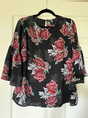 bobeau Black Floral Bell Sleeve Blouse with Red & Green Accents